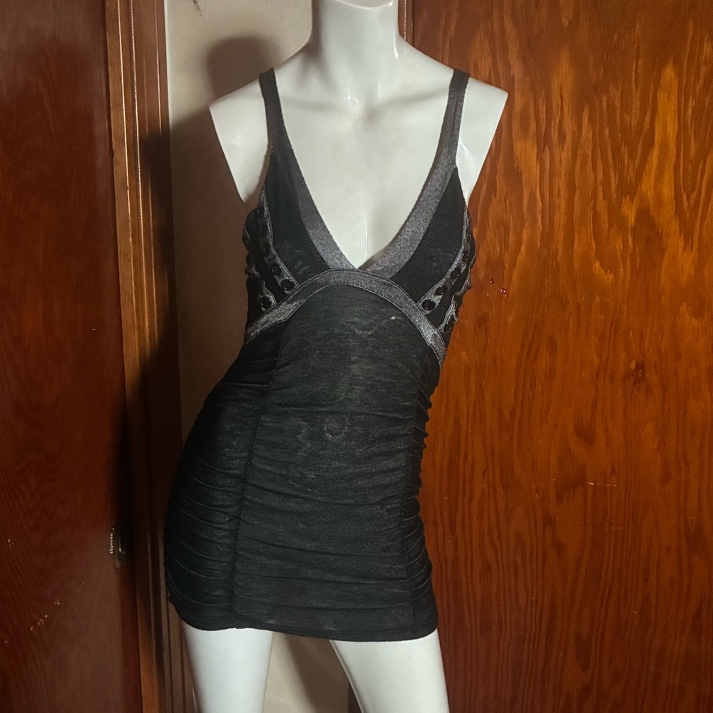 PrimEvil Gray Metallic Adjustable Spaghetti Strap Tunic Top / Dress